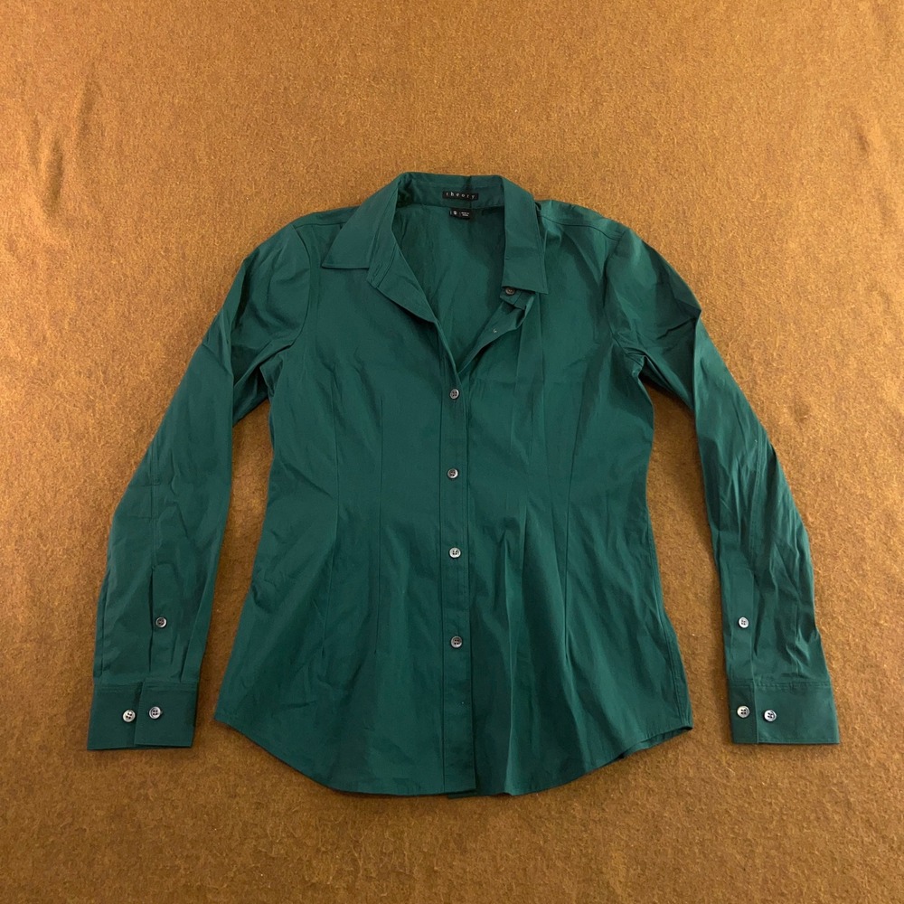 Theory Womens Medium Green Stretch Cotton Long Sleeve Button Down Shirt New